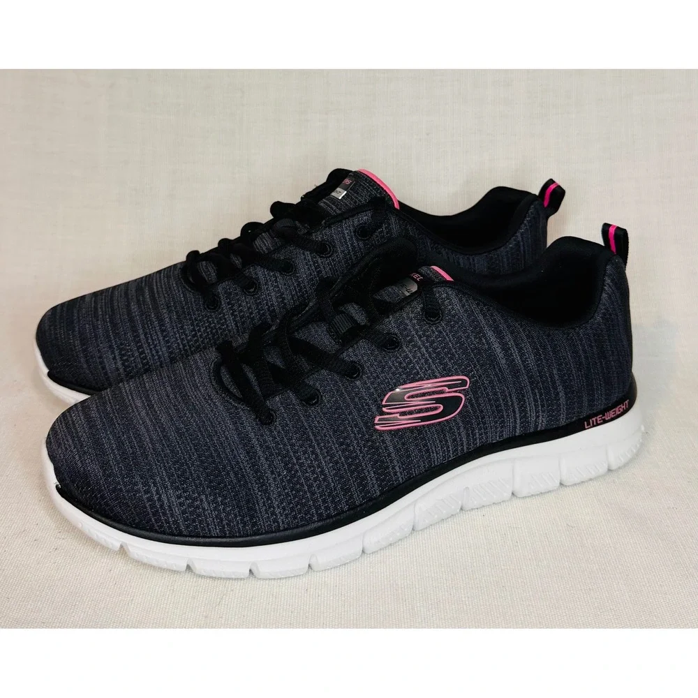 Skechers Lite-Weight Memory Foam Sneakers Charcoal Pink Grey Athletic Shoes